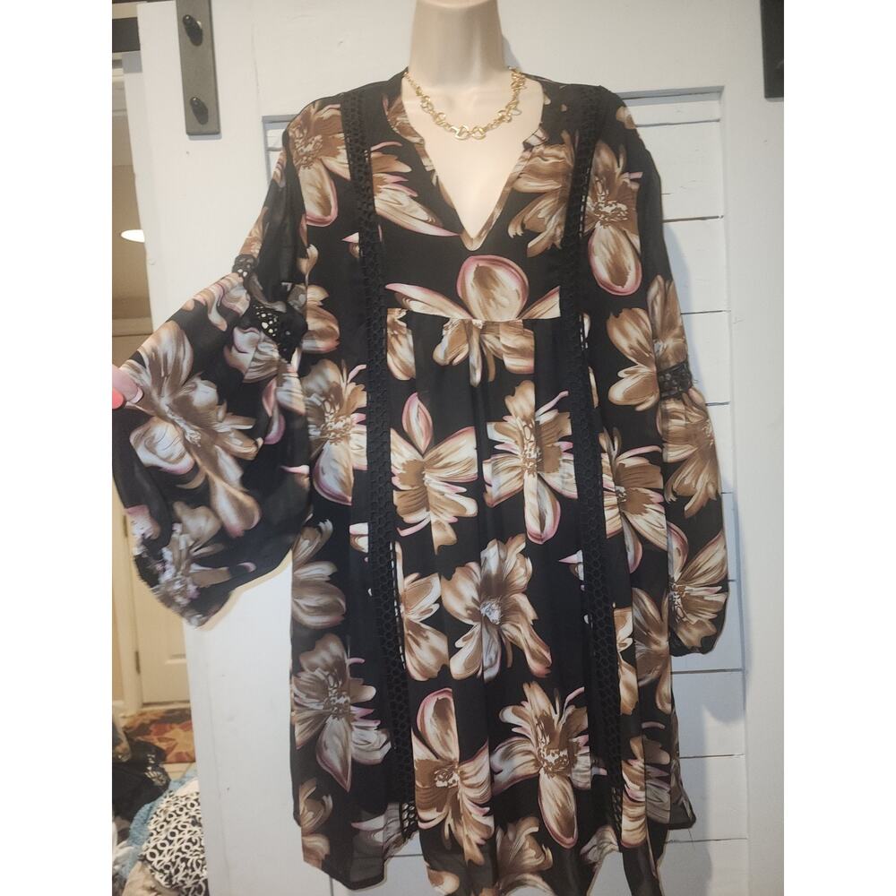 Entro Women's Black/Brown Floral Print Mini Dress Size Large Embroidered - Picture 4 of 16